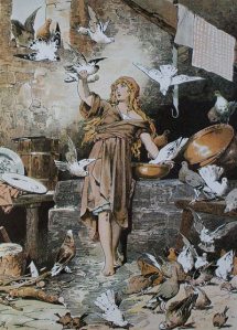 Illustration: Aschenputtel (Cinderella) with doves
