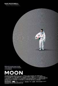 An astronaut stands alone at the centre of radiating concentric white circles on a black background. Promotional poster for the 2009 sci-fi film Moon starring Sam Rockwell.