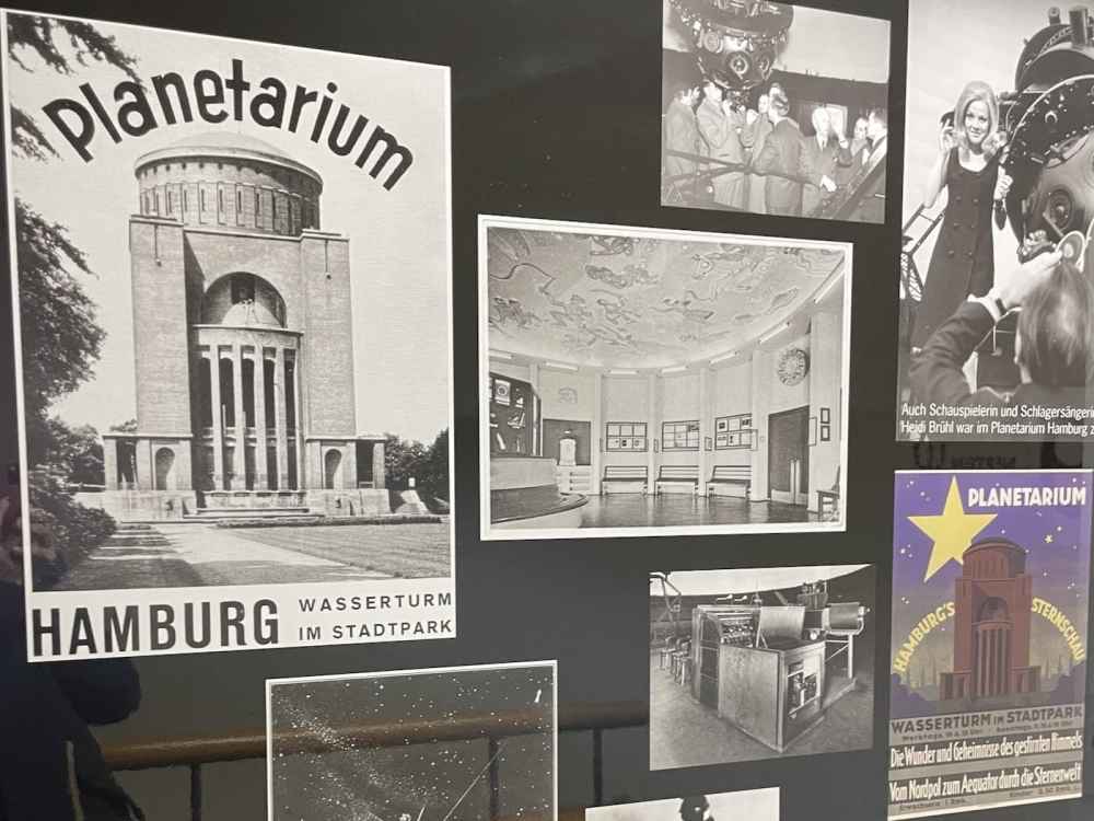 Vintage 1930s posters and photographs showcasing the Planetarium Hamburg in the city park water tower, including historical interiors, Zeiss projectors, starry skies, and an event with actress Heidi Brühl.