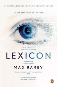 Cover of Lexicon showing a blue eye dissolving into lines of text on a white background